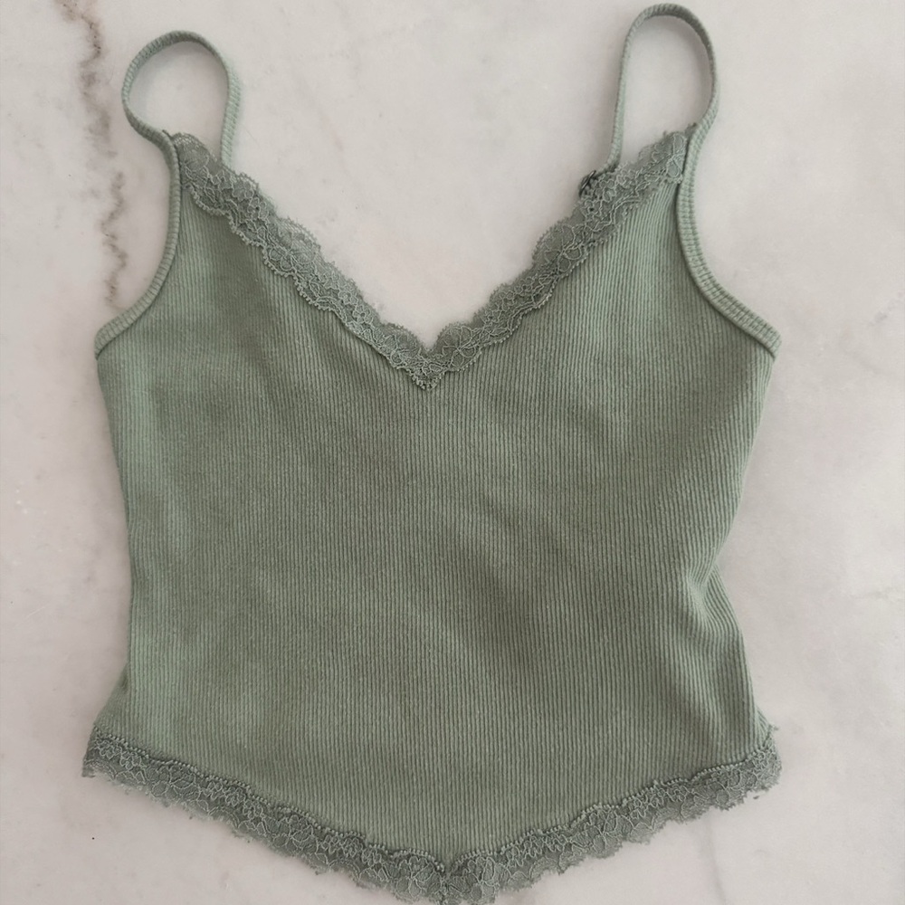 Hollister Women's Lace Trim Ribbed Tank Top - Green